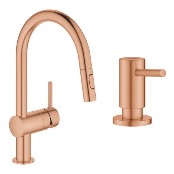 Grohe Minta New k&oslash;kkenarmatur m/udtr&aelig;k og s&aelig;bedispenser - B&oslash;rstet warm sunset