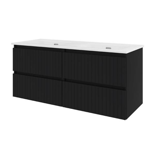 Sanibell Proline 120 m&oslash;bels&aelig;t m/lameller, 4 skuffer og dobbeltvask - Uden hanehul - Mat sort