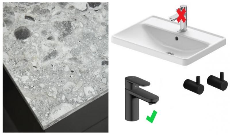 Badev&aelig;relse makeover - 121 cm bordplade m/vask og mat sort armatur