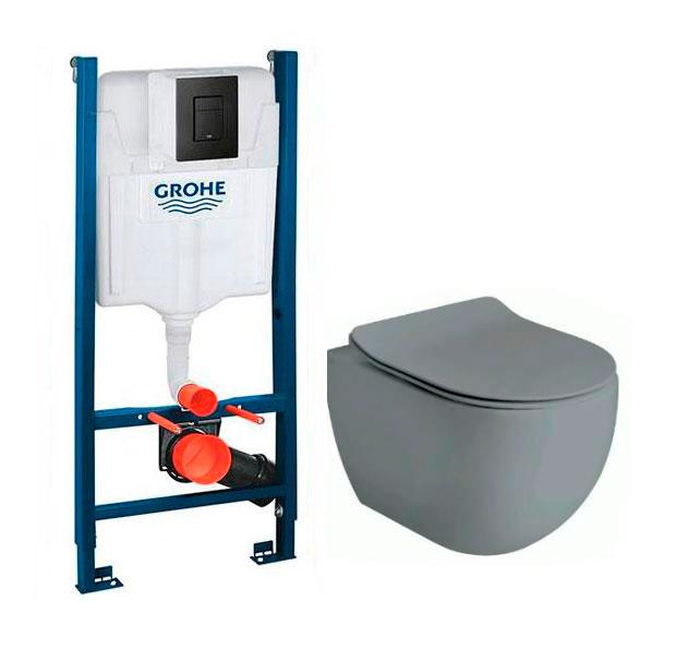 Lavabo Glomp Mat gr&aring; Mini rimless toiletpakke inkl. s&aelig;de m/soft-close, cisterne og mat sort betjening