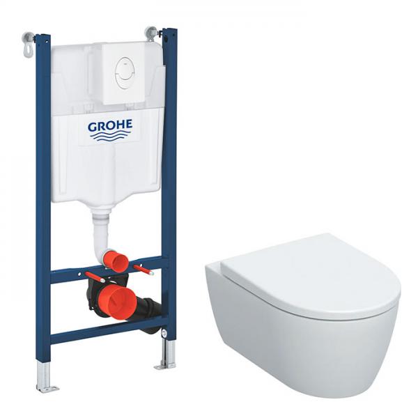 Geberit iCon rimless mat hvid v&aelig;gh&aelig;ngt toilet inkl. s&aelig;de m/SoftClose, Grohe cisterne og betjening i hvid