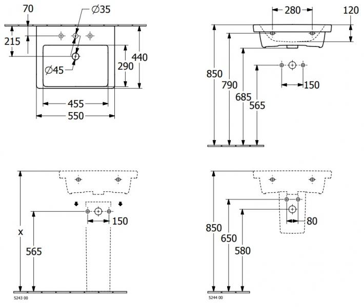 V&B Subway 3.0 55 h&aring;ndvask t/v&aelig;g - 1/3 hanehuller