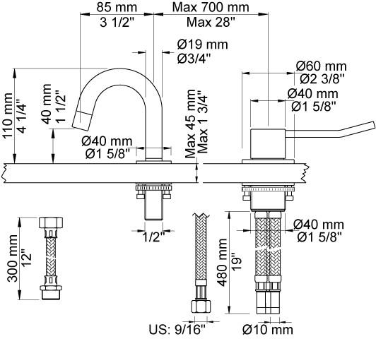 Vola 590AL h&aring;ndvaskbatteri - krom