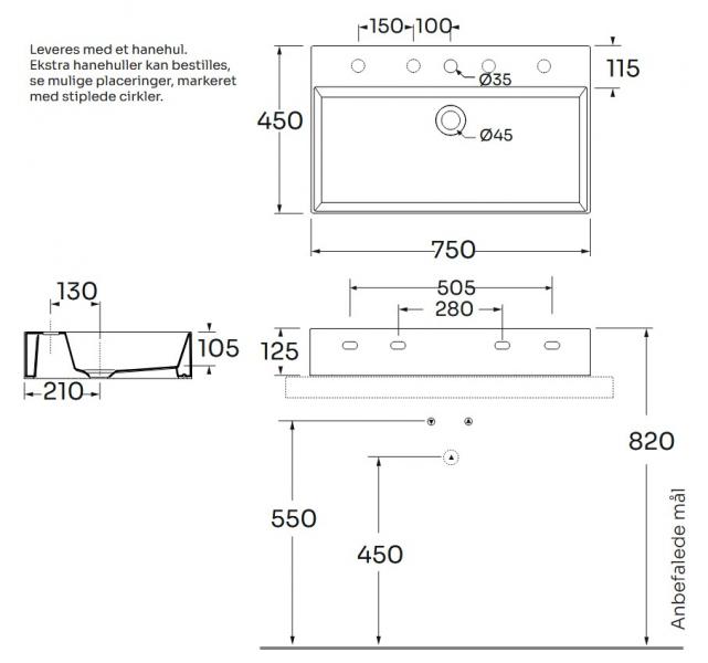 Lavabo Elegance SQ 75 h&aring;ndvask t/v&aelig;g eller m&oslash;bel - Uden overl&oslash;b