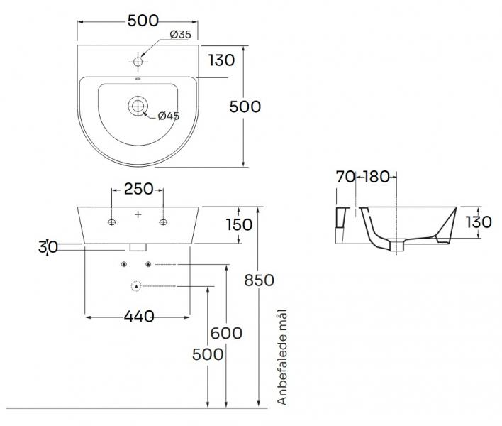 Lavabo Forma 50 h&aring;ndvask t/v&aelig;g eller m&oslash;bel - 1 hanehul