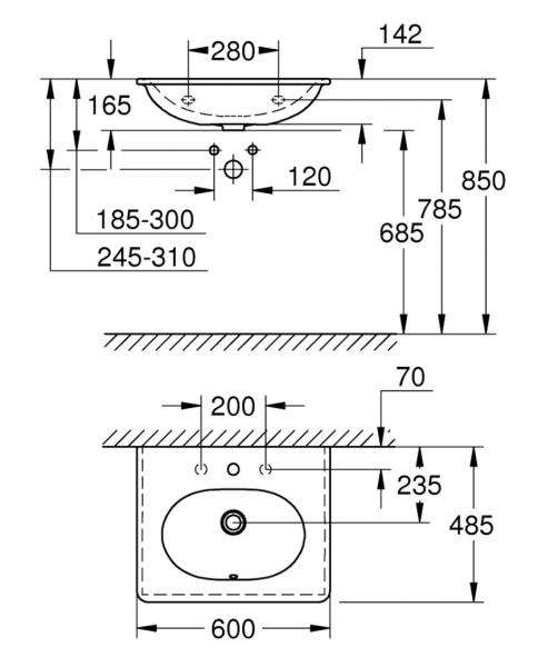 Grohe Essence 60 h&aring;ndvask t/v&aelig;g - 1/3 hanehuller