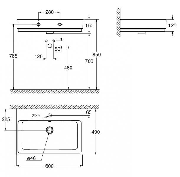 Grohe Cube 60 h&aring;ndvask t/v&aelig;g - 1/3 hanehul - PureGuard