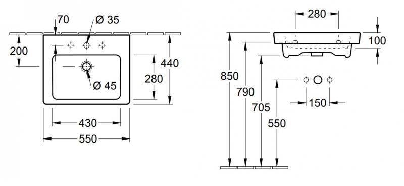 V&B Subway 2.0 55 h&aring;ndvask t/v&aelig;g - 1/3 hanehuller
