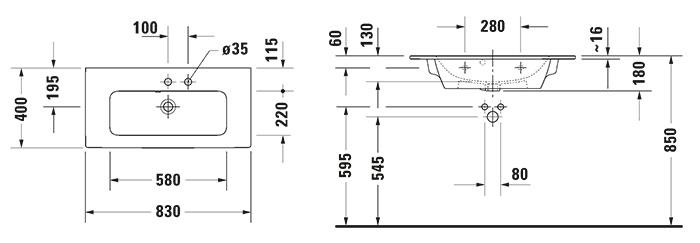 Duravit ME by Starck 83 Compact m&oslash;belvask - 1 hanehul