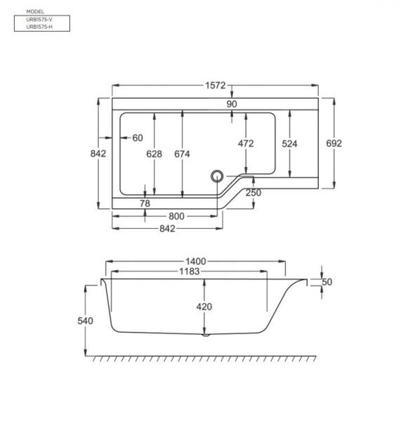Str&oslash;mberg Urban Edge badekar t/brus - 157,5 x 70/84,5 - H&oslash;jre - 1 rygl&aelig;n