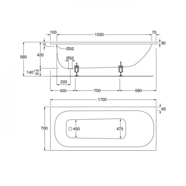 Gustavsberg 2945 badekar t/indbygning - 170 x 70 cm - 1 rygl&aelig;n
