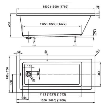 Royal Camilla badekar t/indbygning - 170 x 75 - 1 rygl&aelig;n