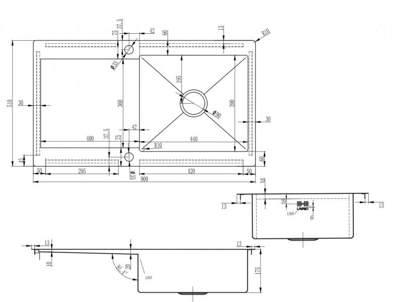 Lavabo Kubus 91 Soft k&oslash;kkenvask m/afl&oslash;bsbakke - Vendbar - Rustfrit st&aring;l