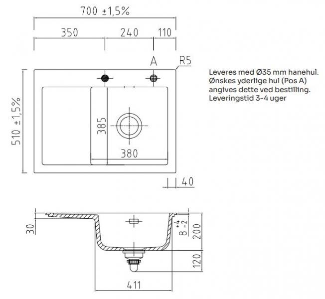 Lavabo Mera 70 porcel&aelig;nsk&oslash;kkenvask - Vask til h&oslash;jre/krom afl&oslash;b