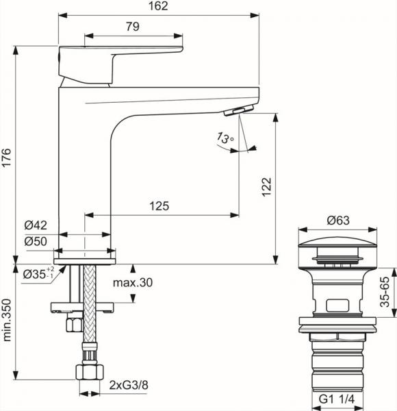 Ideal Standard Cerafine O håndvaskarmatur m/pushopen bundventil - Silver Ideal Standard Cerafine O håndvaskarmatur m/pushopen bundventil - Silver