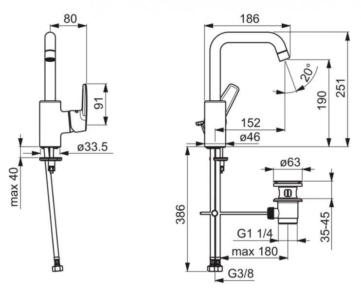 Oras Saga H&aring;ndvaskbatteri m/h&oslash;j tud, bundventil og svingtud