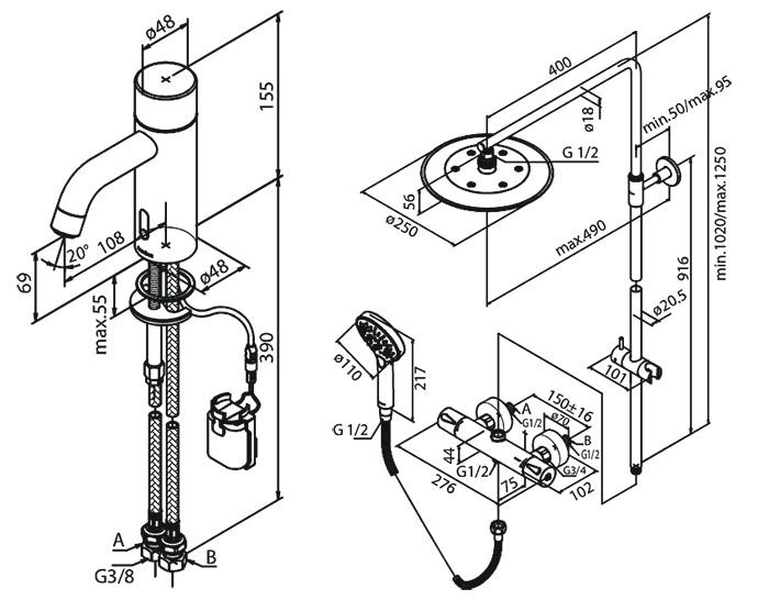 Damixa Silhouet Touchless komplet pakke til bad m/hovedbruser - B&oslash;rstet messing