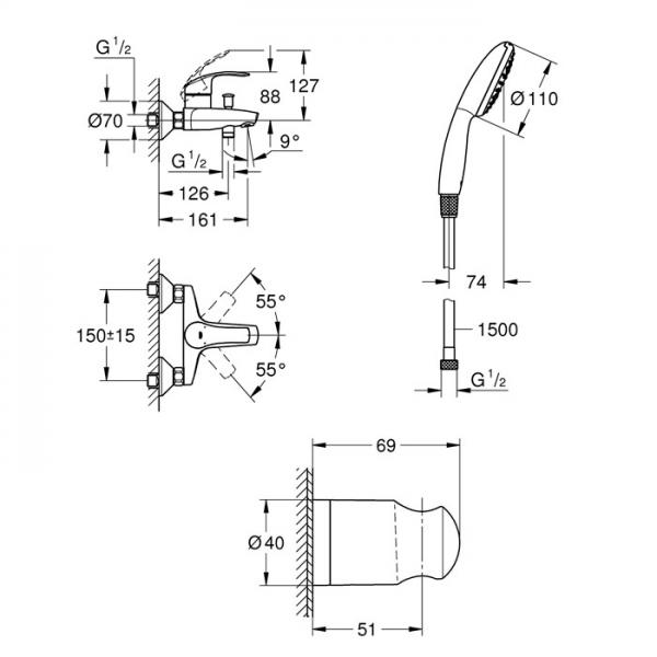 Grohe Eurosmart Vitalio komplet badekararmatur - Krom