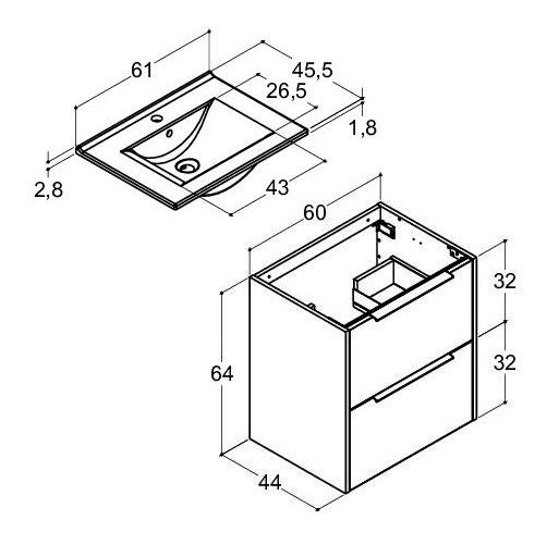 Dansani Mido+ Classic 61 m&oslash;bels&aelig;t m/Amber vask og 2 skuffer - Mat sand