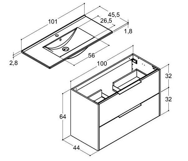 Dansani Mido+ Classic 101 m&oslash;bels&aelig;t m/Amber vask og 2 skuffer - Mat lysebl&aring;