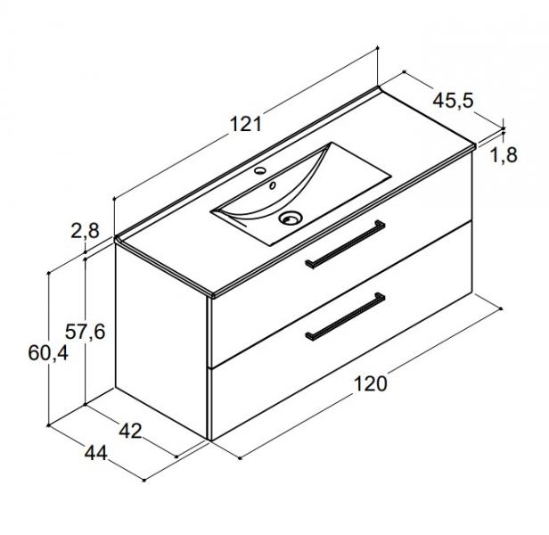 Dansani Mido+ 120 m&oslash;belpakke m/Amber vask og 2 skuffer - Mat hvid