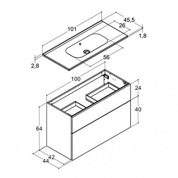 Dansani Luna 101 m&oslash;bels&aelig;t m/Kantate vask, h&oslash;j skuffe og indretning - Brun eg