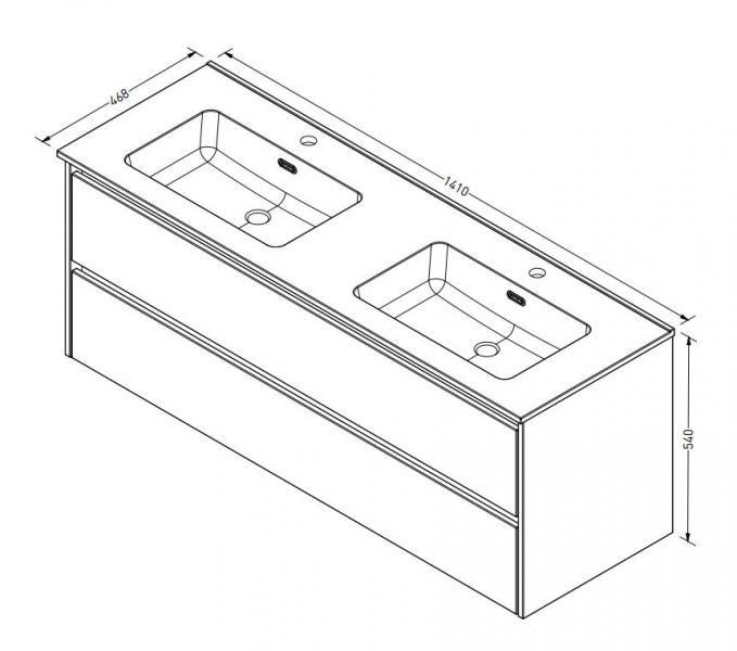 Sanibell Proline 140 m&oslash;bels&aelig;t m/2 skuffer og dobbeltvask - R&aring; eg