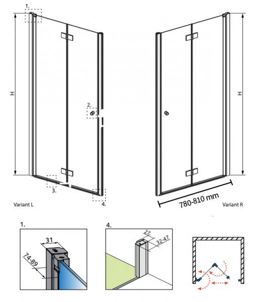 Str&oslash;mberg Noma 180 nichefolded&oslash;r 800mm - H&oslash;jre - Krom