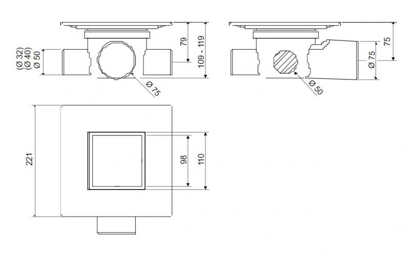 Unidrain kvadrat highline custom sampak &Oslash;75 mm t/ 10x10 cm klinke