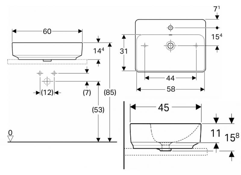 Geberit Variform 60 firkantet fritst&aring;ende bowlevask - 1 hanehul