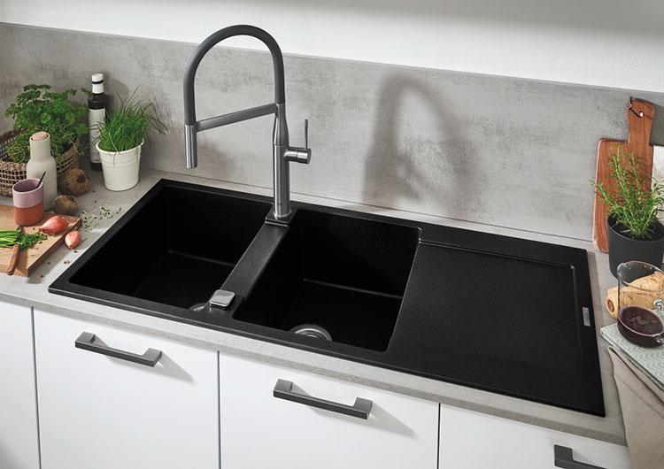 Grohe K500 80-C dobbelt k&oslash;kkenvask m/afl&oslash;bsbakke - Sort granit