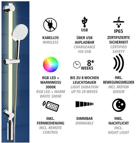 Wenko brusesæt m/12 LED farver i brusestang - Ø120 - Kan også limes Wenko brusesæt m/12 LED farver i brusestang - Ø120 - Kan også limes